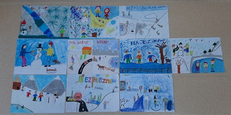 Powiększ grafikę: Prace plastyczne dzieci klas 0-3, zwycięzców konkursu "Bezpieczne ferie zimowe".