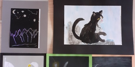Powiększ grafikę: ) prace na wystawę - ilustracje książkowe o tematyce kociej i nie tylko